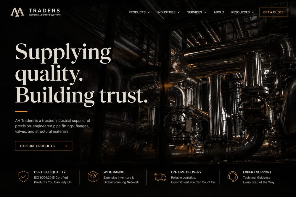 Dark industrial supplier homepage featuring precision pipe systems