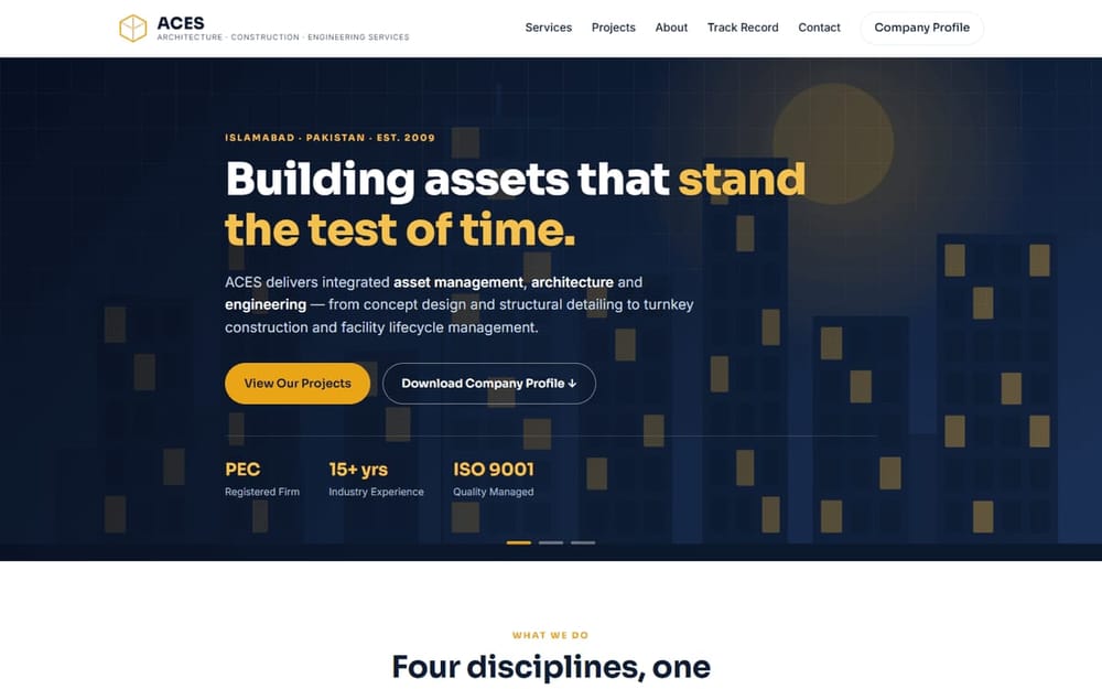 ACES homepage for asset management, architecture and engineering in Islamabad