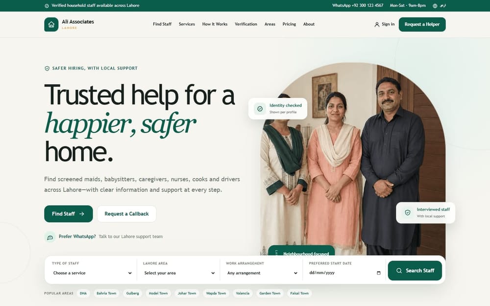 Ali Associates household staff agency homepage