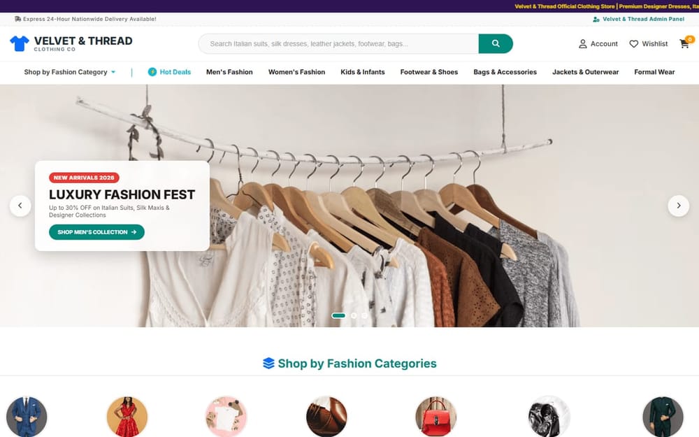 Velvet and Thread premium clothing store homepage