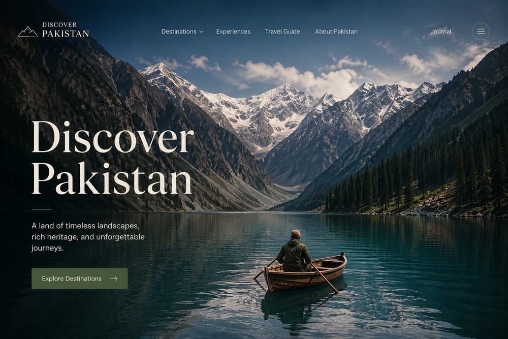 Editorial Pakistan tourism homepage with a mountain lake and boat