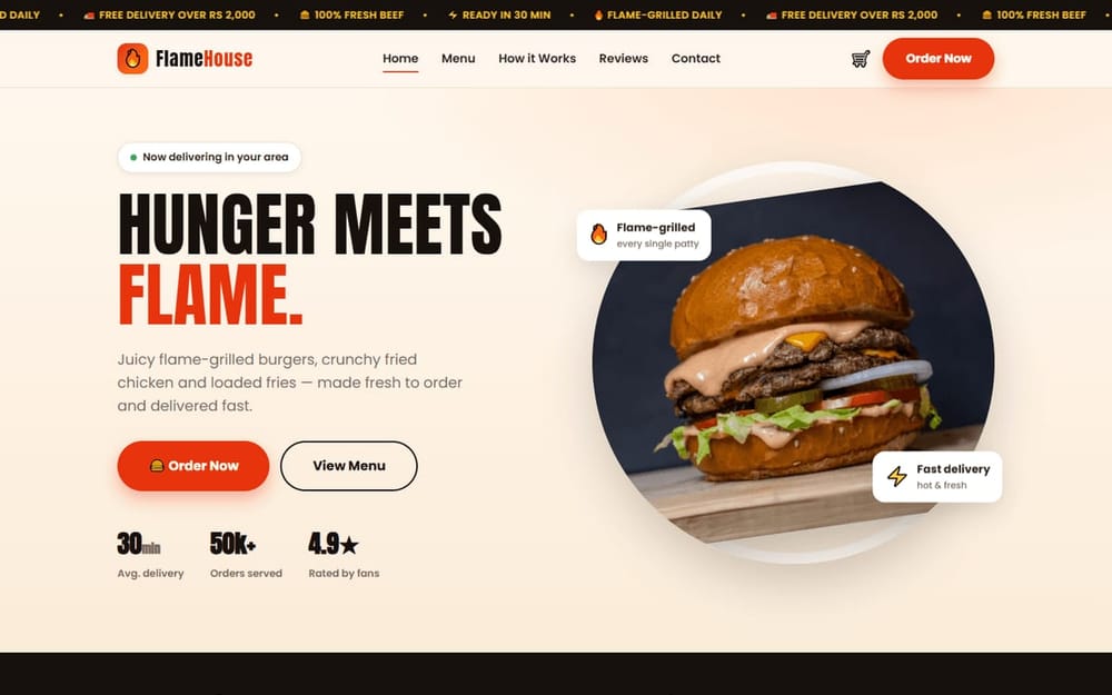 FlameHouse burger restaurant homepage