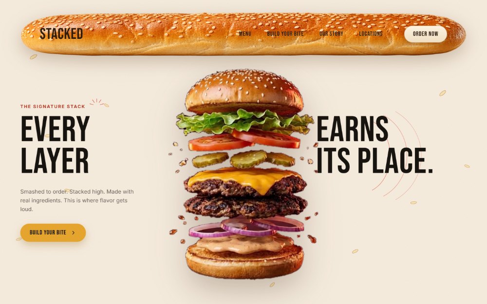 STACKED burger homepage with a photorealistic burger opening into its layers between the headline