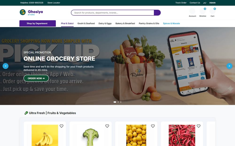 Ghosiya Store online supermarket homepage in English and Urdu