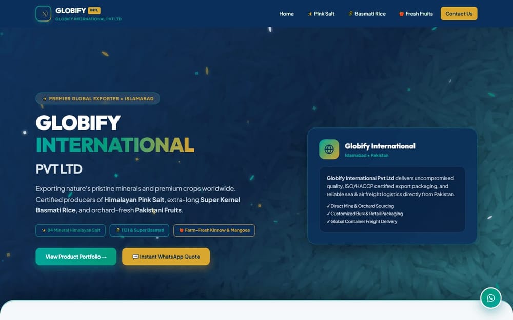 Globify International export homepage for pink salt and basmati rice