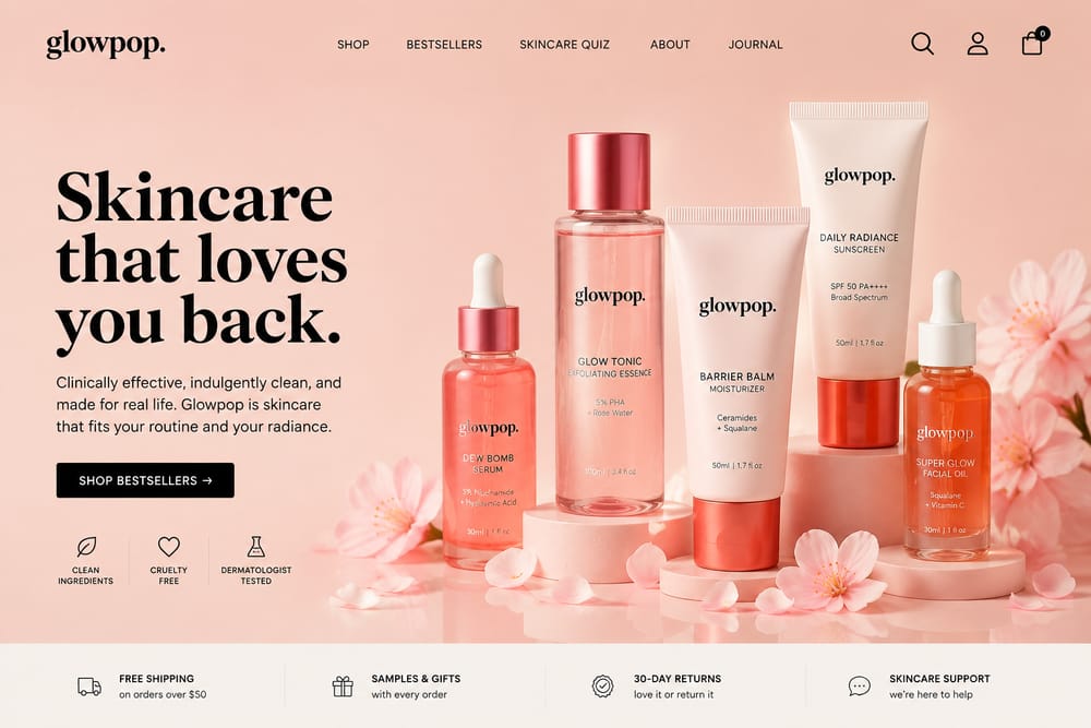 Pink skincare ecommerce homepage with Glowpop product collection