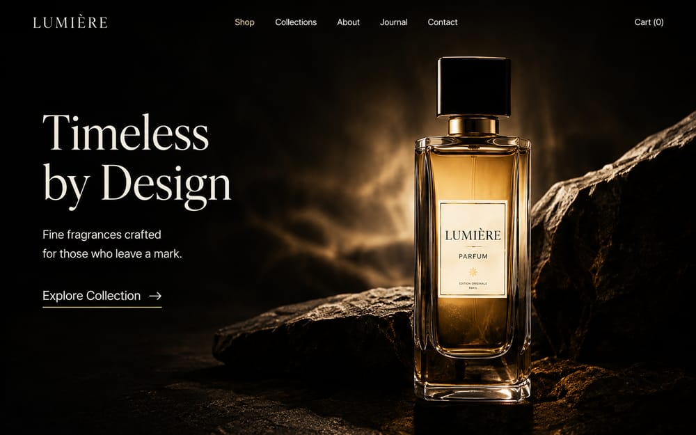 Dark luxury perfume ecommerce homepage for Lumière Parfums