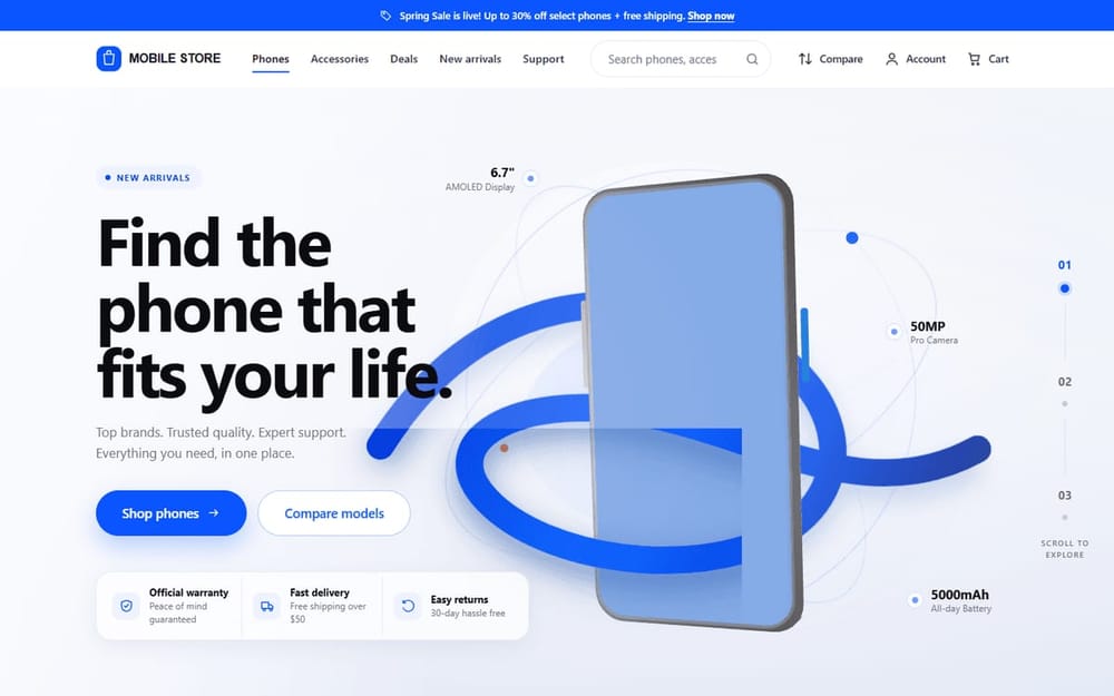 Mobile Store homepage with a 3D smartphone