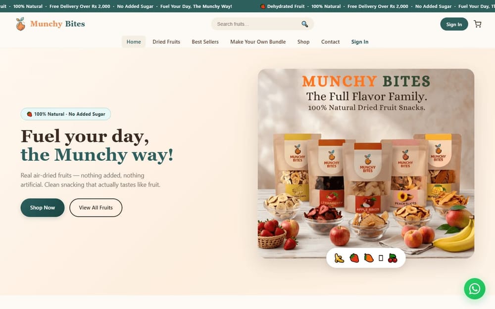 Munchy Bites dried fruit and snacks store homepage