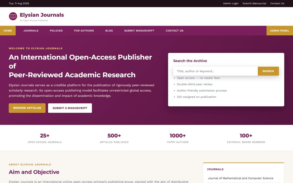 Elysian Journals open access academic publisher homepage
