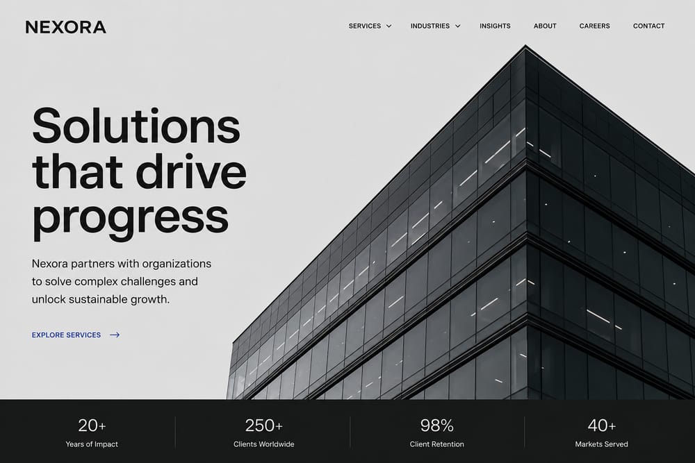 Minimal corporate consulting homepage featuring modern architecture