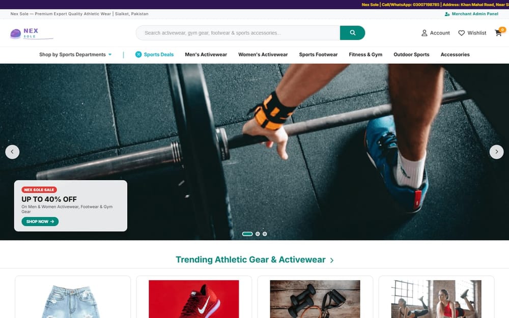 Nex Sole athletic wear store homepage