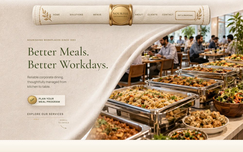 Ivory linen homepage where a cloth folds back to reveal a workplace buffet, with the heading Better Meals. Better Workdays.