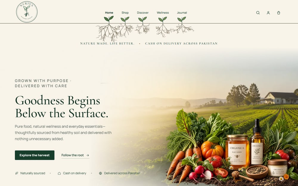 Cream homepage with the heading Goodness Begins Below the Surface over a sunlit field of vegetables and amber product jars