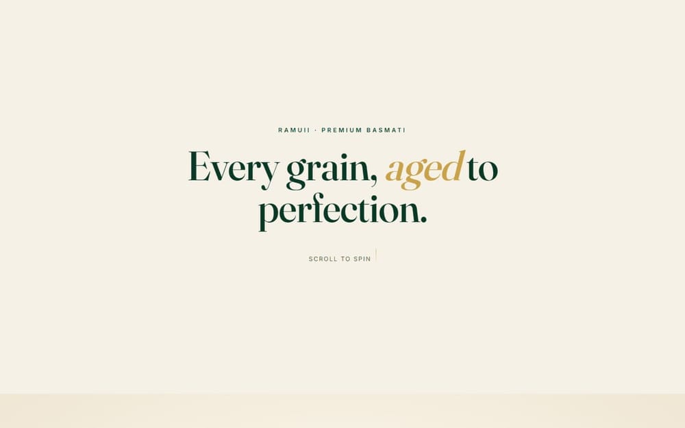 Ramuii Basmati rice brand homepage with 3D scroll