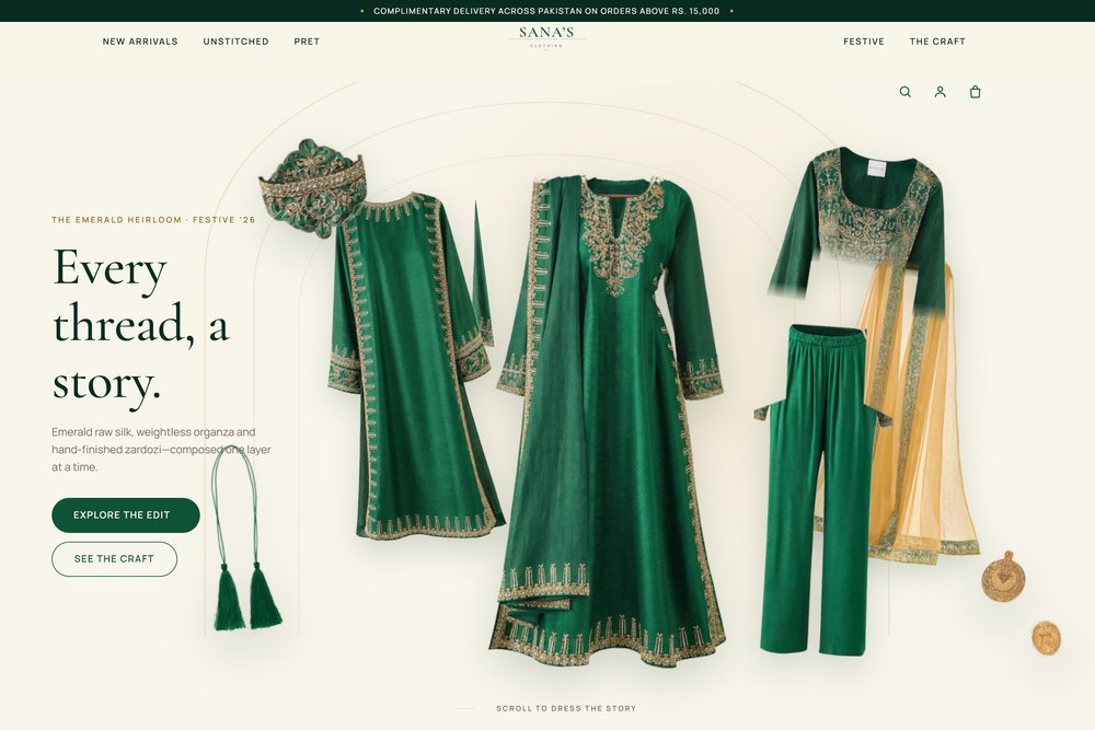 Emerald and gold Pakistani outfit shown as separated floating garment layers on warm ivory