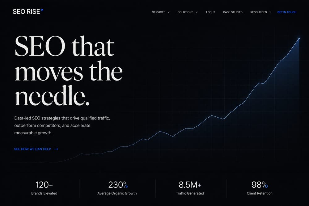 Dark SEO agency homepage with an ascending performance line