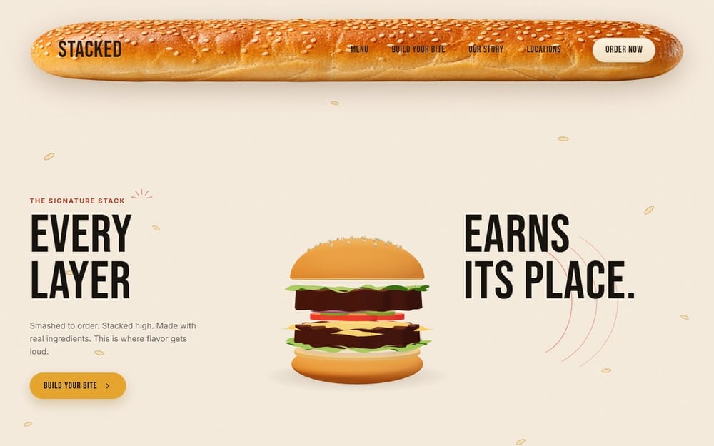 STACKED burger homepage with a sesame bun navbar and a 3D burger between the headline