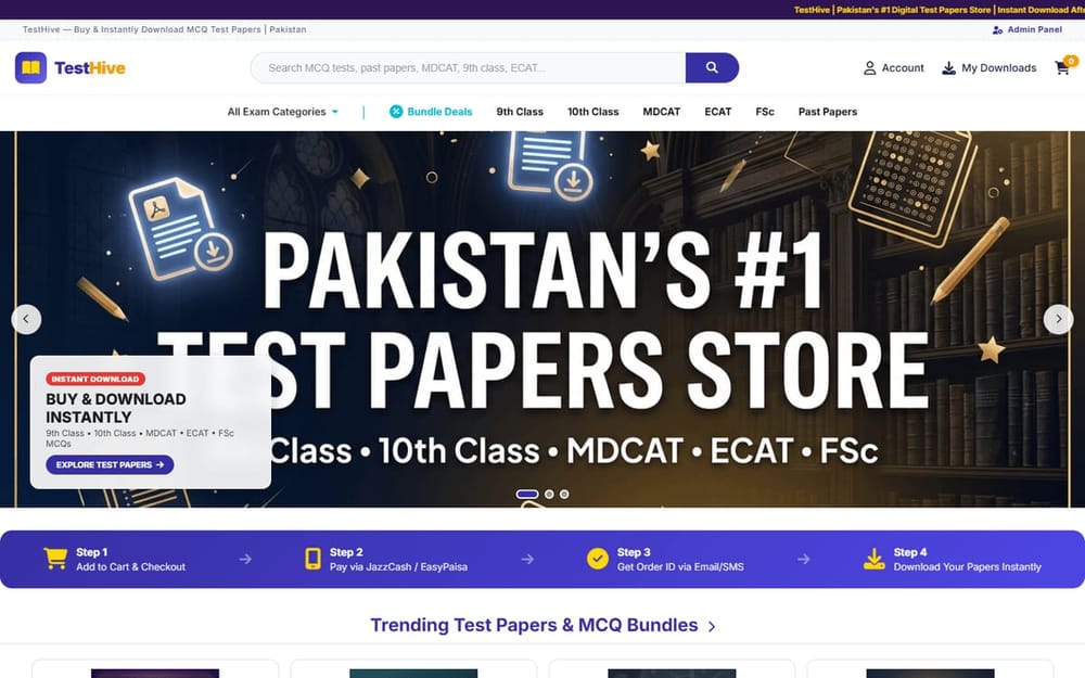 TestHive digital test papers and MCQ store homepage