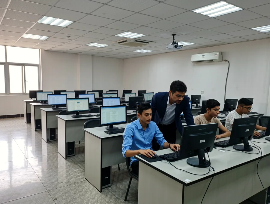 Illustration of a computer laboratory with rows of desktop machines